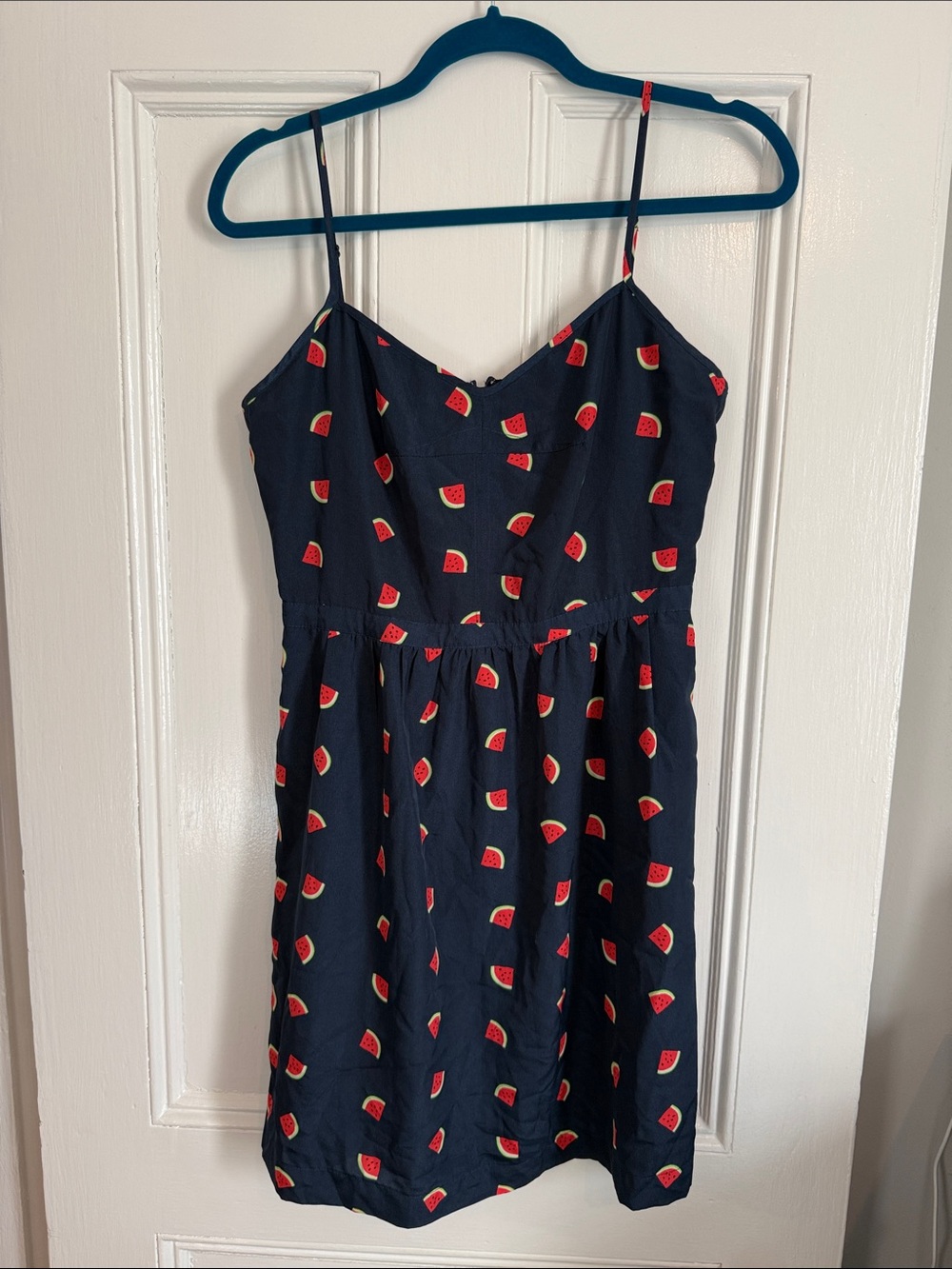 JCrew Navy Spaghetti Strap Dress with Red Watermelon Print size 8 a line skirt